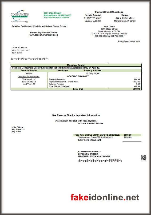 Consumers Energy - Michigan Utility Bill Template